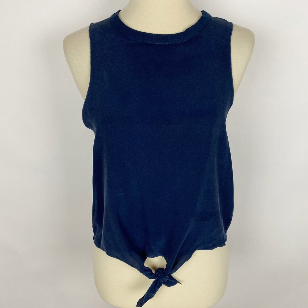 Chaser Tie Front Silk Sleeveless Crew Neck Tank Top Womens Small Navy Blue NWT